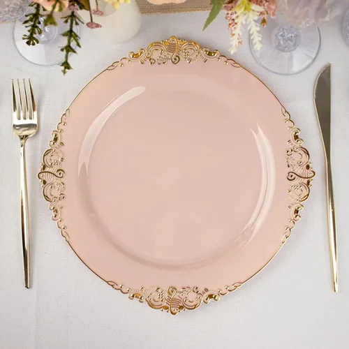 Miniatura 27 de Tableclothsfactory Paquete de 10 platos redondos de plástico barroco dorado de 8 pulgadas para ensalada de postre, vajilla desechable con borde