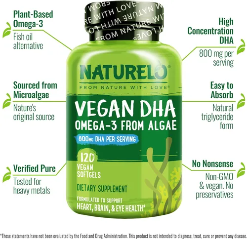 Miniatura 2 de NATURELO DHA vegano, suplemento vegano de Omega 3, 120 cápsulas blandas, apoya la salud del cerebro/corazón/ojo, complementa vitaminas prenatales