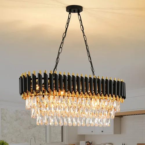 Miniatura 17 de Candelabro de cristal moderno dorado de 5 niveles para sala de estar, lámpara de araña grande de cristal negro, lámpara colgante de techo