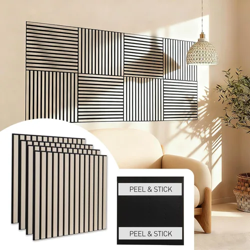 Paneles de pared acústicos autoadhesivos de 22.8 x 22.8 pulgadas, paneles insonorizados con aspecto de madera de nogal, paquete de 4, paneles de
