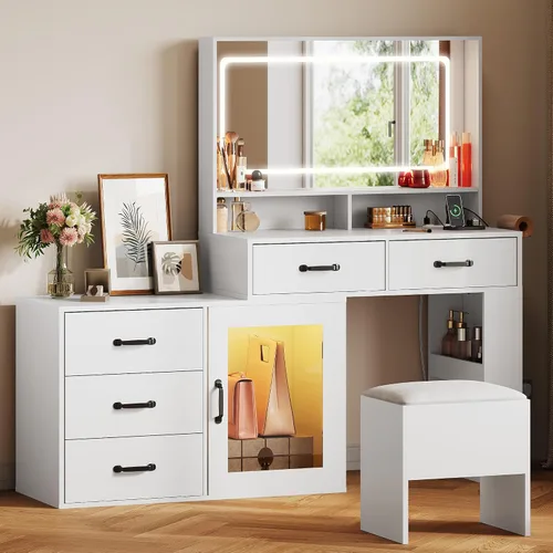 Miniatura 15 de WLIVE Escritorio de tocador con espejo y luces, mesa de maquillaje con cajón, armario y estantes abiertos, tocador de dormitorio con estación