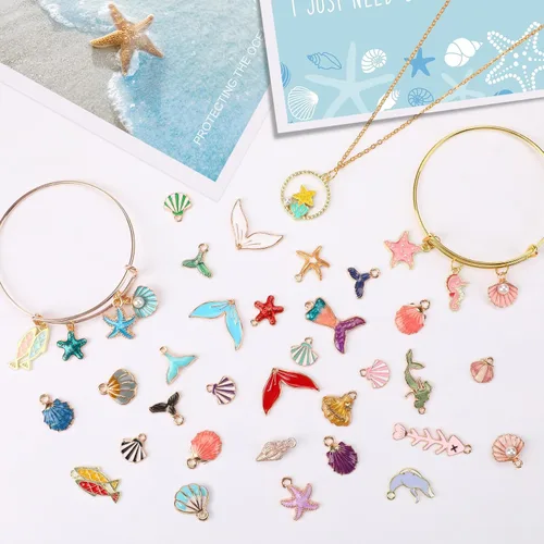 Miniatura 2 de MARFOREVER 120 dijes de mar con temática oceánica para la fabricación de joyas, esmalte dorado surtido de estrellas de mar y conchas marinas