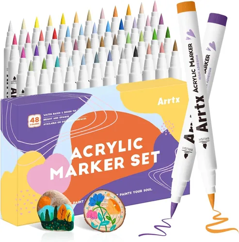 Arrtx Marcador acrílico de 48 colores, para pintura de roca, marcadores de punta de pincel extra, bolígrafos de pintura, suministros de arte,