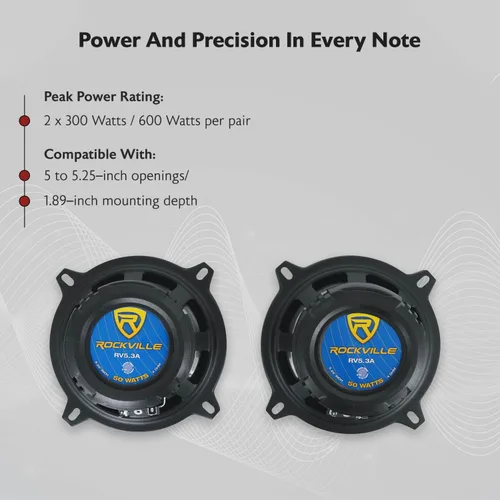 Miniatura 5 de Rockville RV5.3A - Altavoces de coche de 3 vías de 5.25 pulgadas, 600 W, 4 ohmios, woofer de polipropileno, envolvente de goma de butilo