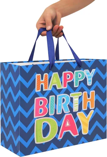 Miniatura 6 de Qirrmiy Juego de bolsa de regalo azul grande de 13 pulgadas con tarjeta de felicitación y papel de seda blanco (lámina láser 'Happy Birthday')