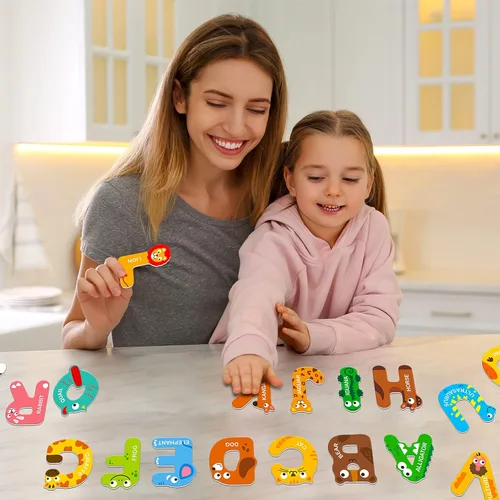 Miniatura 7 de Letras magnéticas de gran tamaño, lindos imanes del alfabeto ABC con animales para refrigerador, juguetes educativos de animales mayúsculos