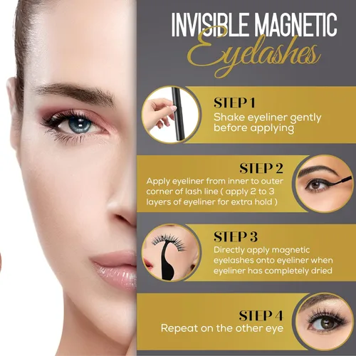 Miniatura 5 de Kit de pestañas magnéticas invisibles y delineador de ojos, 10 pares de pestañas postizas de aspecto natural con 2 bolígrafos magnéticos mágicos