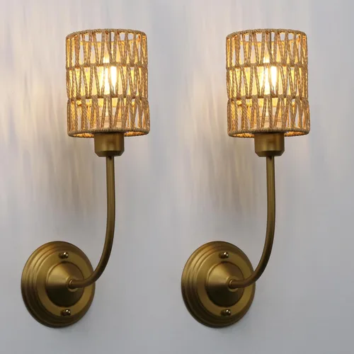 Miniatura 11 de Yosoan Juego de 2 lámparas de pared de ratán estilo bohemio envueltas, lámparas de estilo granja vintage con cableado fijo dorado, trenzado de latón