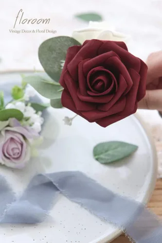 Miniatura 4 de Floroom Flores Artificiales 50 piezas Rosas Falsas de Espuma Burdeos de Aspecto Real con Tallos para Ramos de Boda DIY Centros de Mesa Rojos