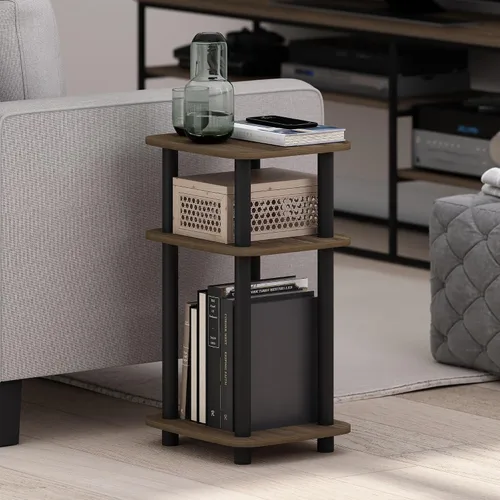 Miniatura 2 de Furinno JUST - Mesa auxiliar lateral, mesa auxiliar de 3 niveles con tubo de giro N, estante abierto, mesita de noche de esquina curva redonda