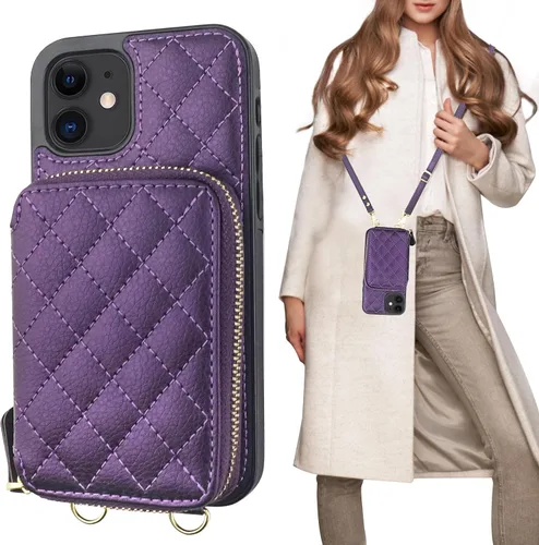 Miniatura 13 de Bocasal Funda tipo cartera cruzada para iPhone 12/12 Pro, bloqueo RFID, de piel sintética, con cremallera, bolso cartera con tapa plegable, funda