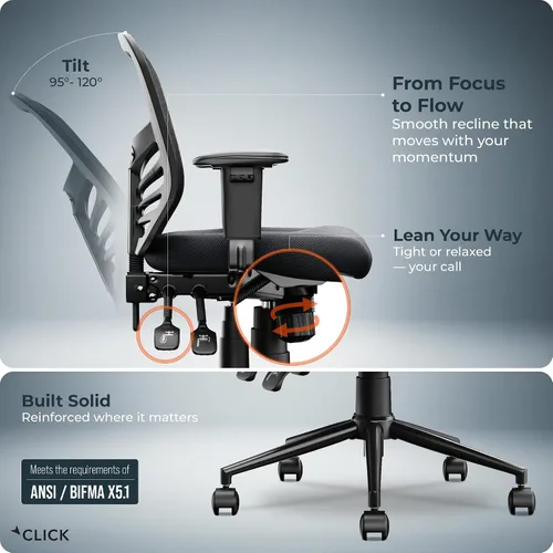 Miniatura 8 de Flow Silla de oficina de malla con respaldo medio, soporte lumbar, asiento acolchado extra negro