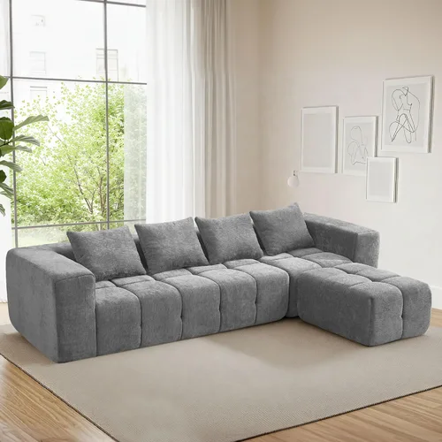 Miniatura 13 de Sofá modular sin hueso de 119 pulgadas para sala de estar, moderno sofá modular copetudo con asiento profundo y otomana móvil, sofá de felpilla