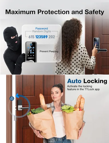 Miniatura 5 de GEONFINO Cerradura de puerta inteligente, cerradura de entrada sin llave plateada con asa, cerradura de puerta delantera con teclado, cerradura