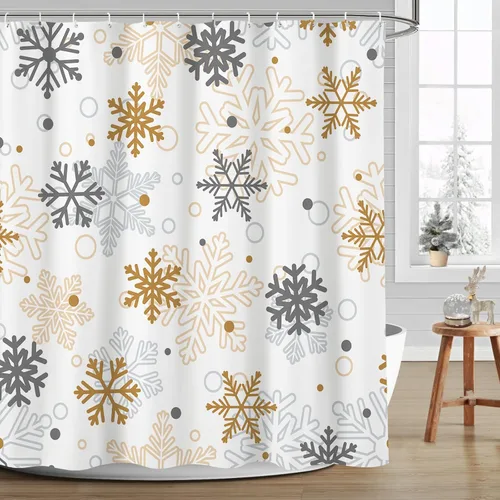 Miniatura 10 de MEHOFOND Cortina de ducha de invierno y Navidad con copos de nieve, cortina de ducha de Navidad, copos de nieve verdes y Ren, decoración de baño