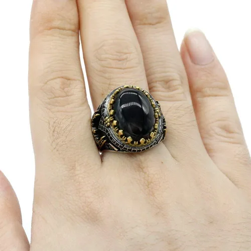 Miniatura 2 de Qida Natural Agate Ring for Men S925 Sterling Silver Black Agate Stone Ring Vintage Castle Men's Ring Gothic Style Unique Hand Ring