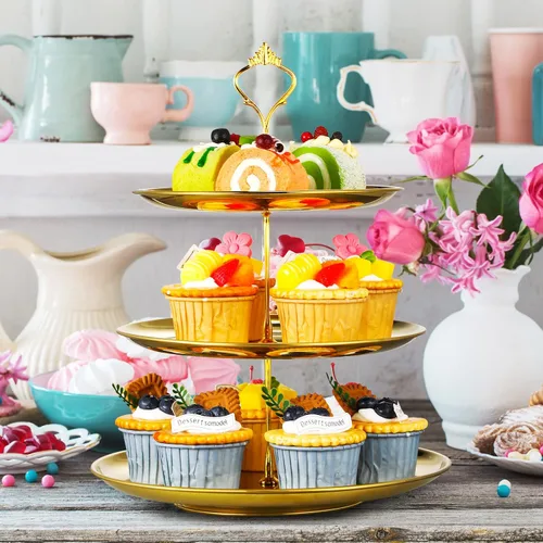 Miniatura 5 de Yaomiao Juego de 2 bandejas doradas de 3 niveles para servir con base de acero inoxidable para cupcakes, soporte para mesa de postre, juego
