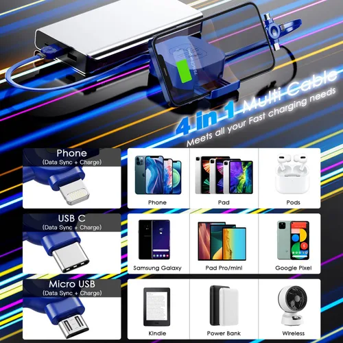 Miniatura 2 de Cable de Carga Múltiple de 4.5A, 4 Pies/Paquete de 2 Cargadores Múltiples para Todos los Dispositivos Cable Retráctil 3 en 1 para Automóvil Cable