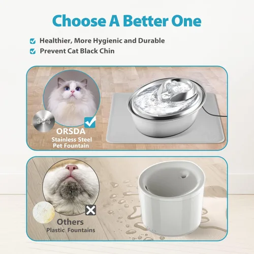 Miniatura 7 de ORSDA - Fuente de agua de acero inoxidable para gatos, fuente para mascotas de 2 litros para gatos en interiores, dispensador de agua para perros