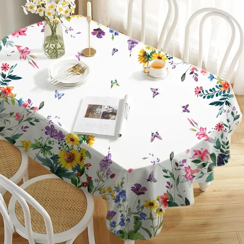Miniatura 3 de Yighty Mantel ovalado de primavera y verano de 54 x 72 pulgadas, mantel de acuarela floral de primavera, mantel impermeable resistente a