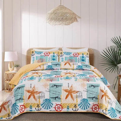 Miniatura 22 de DJY Beach Quilt Set Queen Size,3 Piece Coastal Ocean Summer Bedspread Coverlet Set with 2 Pillow Cases Lightweight Soft Microfiber Nautical Bedding