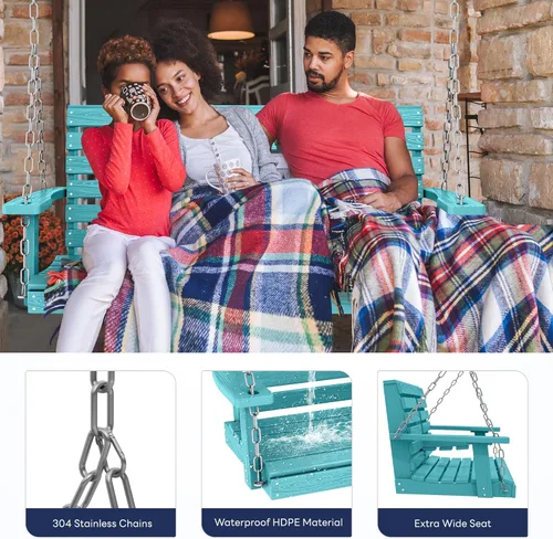Miniatura 14 de KINGYES Columpio colgante para porche al aire libre, silla de columpio de patio de 2 asientos con portavasos, banco impermeable para patio y jardín