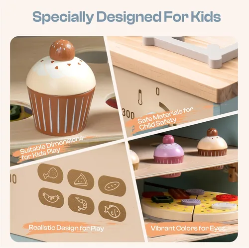 Miniatura 3 de ROBOTIME Juego de cocina de juguete de madera con horno, accesorios de cocina de simulación Montessori con juguetes de comida de pizza y cupcakes