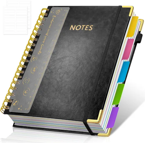 Cuaderno de espiral con tapa dura, cuadernos B5 grandes de 8"x10", con divisores extraíbles y pestañas, 300 páginas, cuaderno de 5 asignaturas con