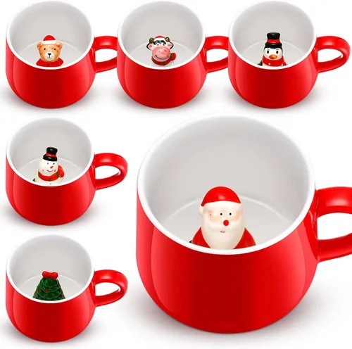Uiifan 6 piezas Tazas de café de Navidad 3D 375 ml Tazas de chocolate caliente Cerámica Muñeco de nieve Papá Noel Árbol de Navidad Pingüino Taza