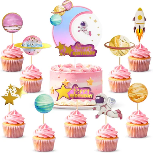 Ercadio 1 pieza de decoración para tartas de niña espacial, luna, estrella, cohete, planeta, decoración de pasteles, espacio de feliz cumpleaños,
