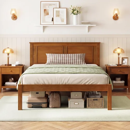 Miniatura 8 de Giantex Marco de cama de madera individual con cabecero, plataforma moderna de mediados de siglo con soporte de listones de madera, base de colchón