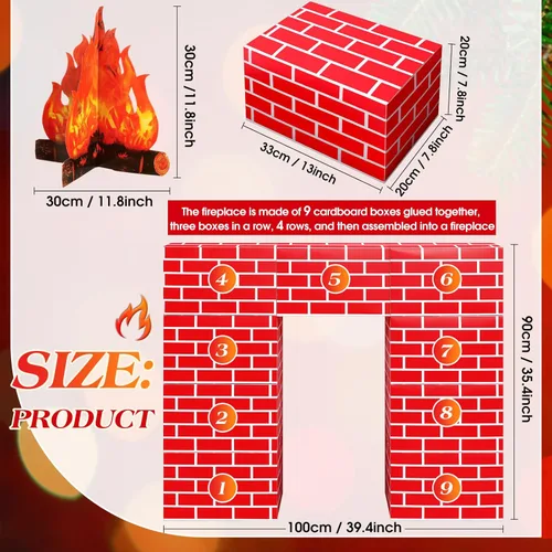 Miniatura 2 de Fullhawl Chimenea de cartón de ladrillo rojo artificial 3D de 39 x 35 pulgadas, chimenea de Navidad con llama de fuego 3D, telón de fondo falso