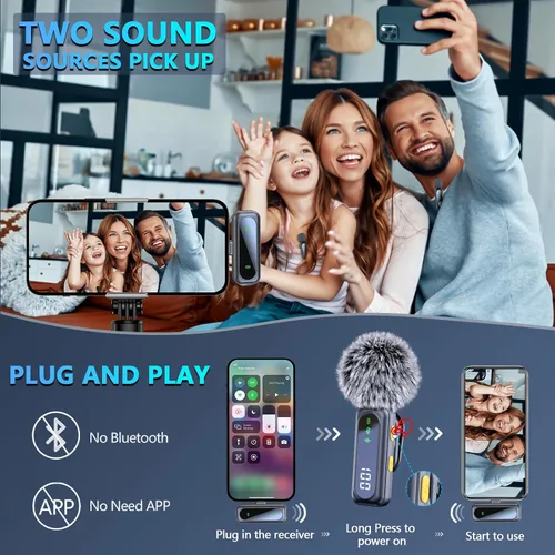 Miniatura 3 de RICCHI Micrófono Lavalier inalámbrico para iPhone, iPad y teléfono Android, 2 mini micrófonos con reducción de ruido micrófono de solapa