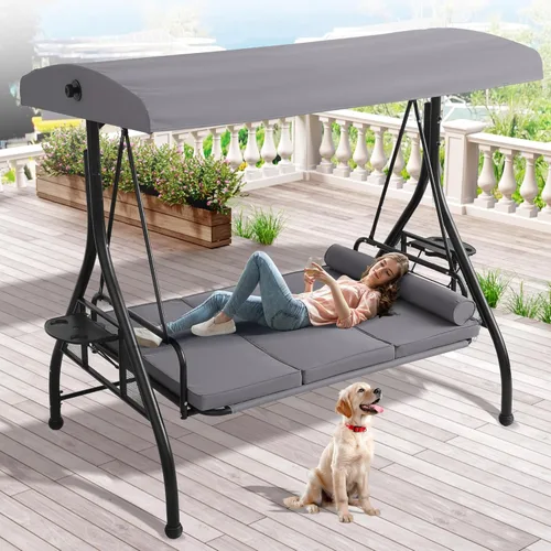 Miniatura 8 de Grepatio Columpio de Porche Exterior con Toldo y Soporte, Columpio de Patio para 3 Personas para Adultos, Columpio de Cama de Porche Convertible 2