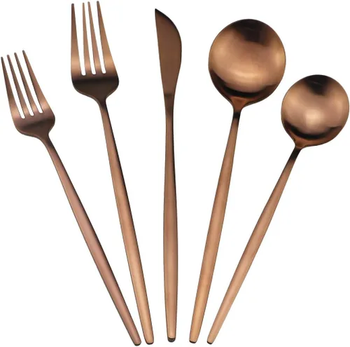 Juego de cubiertos de cobre mate, acabado satinado, 20 piezas, acero inoxidable 18/10, cuchara, tenedor y cuchillo, servicio para 4, utensilios para