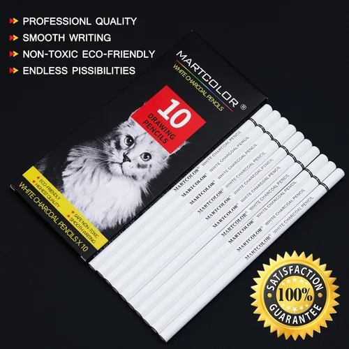 Miniatura 2 de MARTCOLOR Juego de lápices de carbón blanco profesionales, 10 piezas lápices de carbón para resaltar bocetos para dibujar, bocetar, sombrear, blanco
