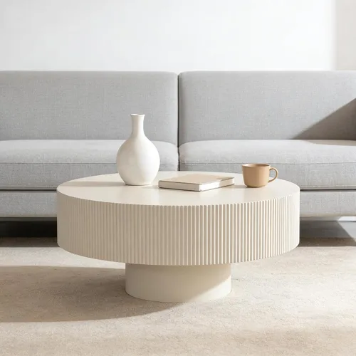 Miniatura 6 de Moderna mesa de centro redonda acanalada, mesa de centro de madera de tambor contemporáneo con base cilíndrica, mesa central circular para sala