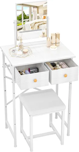 Miniatura 13 de Escritorio pequeño de 27.5 pulgadas con espejo y silla, juego de tocador de maquillaje compacto con silla, tocador pequeño con 3 cajones de tela