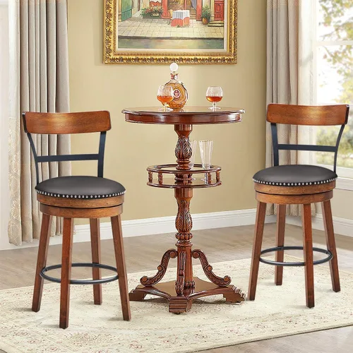 Miniatura 9 de COSTWAY Juego de 2 taburetes de bar, taburetes giratorios de 360 grados con asiento acolchado de cuero, respaldo de escalera de un solo listón