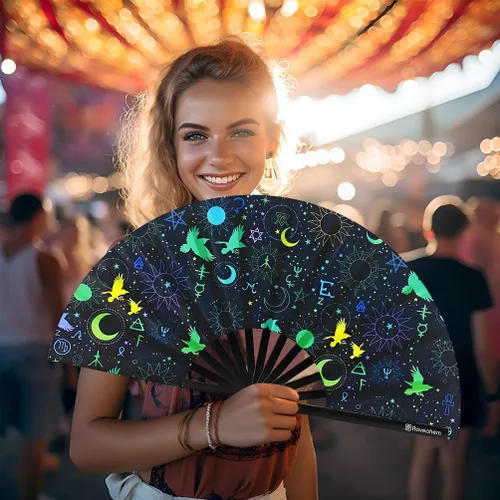 Miniatura 6 de Ventilador plegable grande, ventilador Clack Rave de 13 pulgadas, ventilador de mano para mujeres y hombres con tela de satén de alta calidad, marco