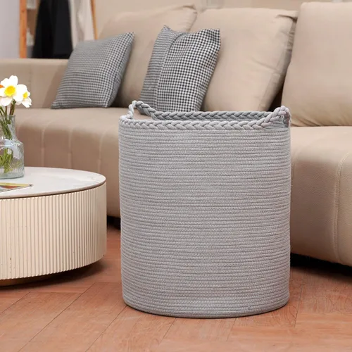 Miniatura 7 de Cesta de lavandería tejida de gran tamaño de 90 litros, cesta de lavandería alta de algodón para mantas, ropa, almohadas, juguetes, zapatos, cubo