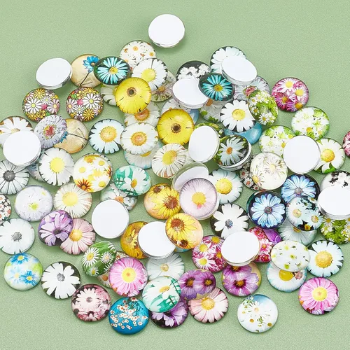 Miniatura 6 de PH PandaHall 100 unidades de cabujones de cristal de margarita de 0.472 in de mosaico redondo de flores de mosaico medio redondo impreso de vidrio