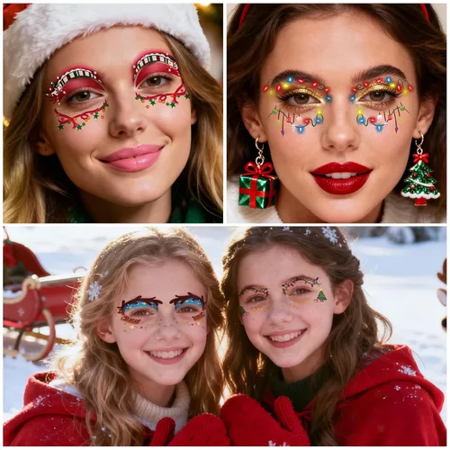 Miniatura 2 de 12 pares de tatuajes temporales de maquillaje navideño para ojos, impermeables, árbol de Navidad, ciervo, delineador de ojos, sombra de ojos, kit