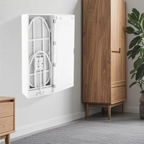 Miniatura 6 de Armario de tabla de planchar de pared giratoria de 180° con armario de almacenamiento y espejos, gabinete de planchado colgante de diseño plegable