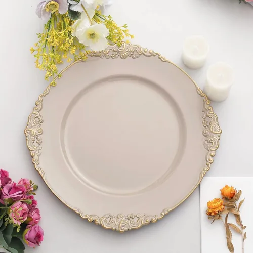 Miniatura 21 de Tableclothsfactory Paquete de 6 platos barrocos redondos de oro transparente de 13 pulgadas, borde en relieve de hojas para decoración de mesa