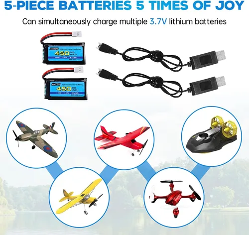 Miniatura 2 de 2 baterías Lipo de 3.7 V 450 mAh 30C con cable de carga USB, enchufe Molex compatible con la mayoría de drones RC, aviones de cuatro ejes y modelos