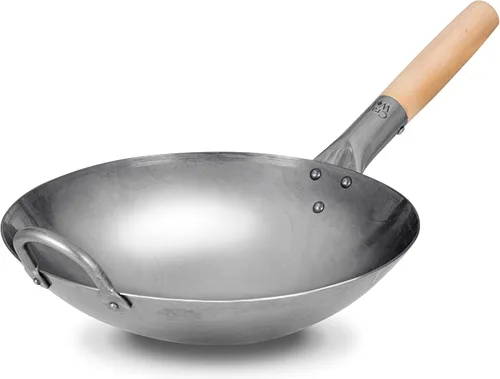 Craft Wok - Wok tradicional de acero al carbono chino, martillado a mano, con mango de madera y acero (12 pulgadas, wok de fondo redondo de 12