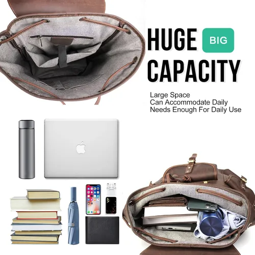 Miniatura 6 de Mochila retro de cuero genuino para hombre, adecuada para portátiles de 16 pulgadas, para viajes de negocios, mochila diaria, Gris, Mochilas de viaje