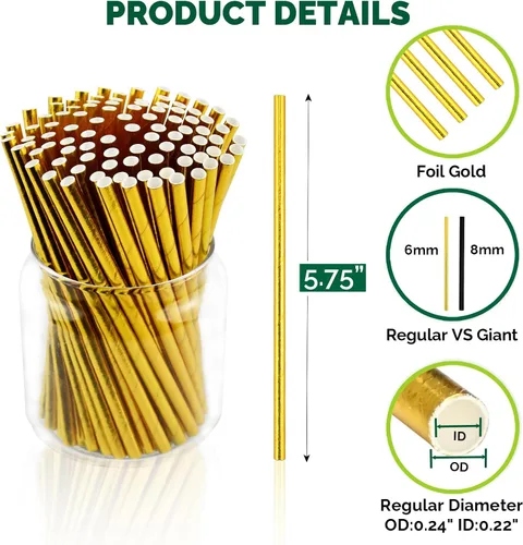 Miniatura 2 de Pajitas y agitadores desechables de papel dorado de 5.75 pulgadas, palitos para sorber (500 unidades) - para cócteles, bebidas cortas, bodas, dorado