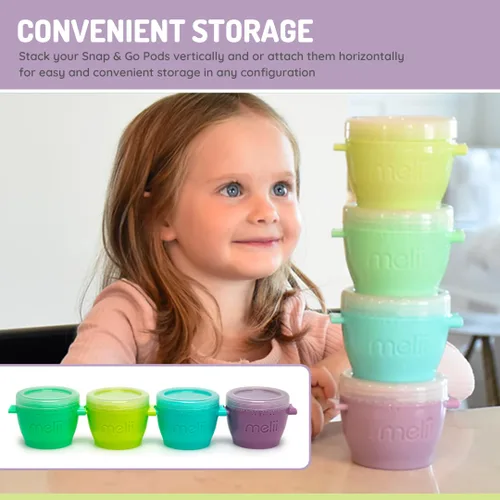Miniatura 4 de melii Snap & Go Contenedores de almacenamiento de alimentos para bebés, paquete de 4 recipientes apilables de 6 onzas con tapas herméticas, sin BPA
